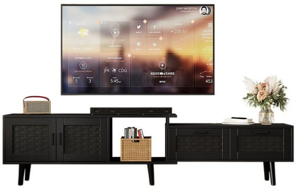 FUROKOY TV-Schrank (Packung, 1-St, Rattan-TV-Ständer mit 2 Türen und 2 Schublade, für 75-Zoll-Fernseher) Skalierbar Fernsehschrank für Schlafzimmer, Wohnzimmer, Schwarz