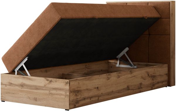 Boxspringbett ALBERO 1 90x200 mit Stauraum, 7-Zonen Multipocket Matratze H3, Bettkasten mit Federautomat, Öffnungsseite wählbar, Hotelbett - Orange Strukture - Topper T25 - Rechts Bild 4