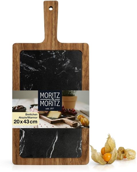 Moritz & Moritz Servierbrett Servierbrett Holz mit Marmor-Platte, Akazienholz/Marmor, (43x20x1,8 cm, 1-St), Anrichten und Servieren von Käse, Fisch, Fleisch u.v.m.