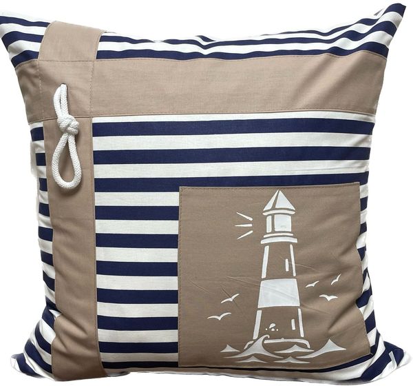 Ammerkind Dekokissen Maritime Kissenhülle, Leuchtturm, blau/weiß/beige, Kissenhülle ohne Füllung, 100% Handarbeit