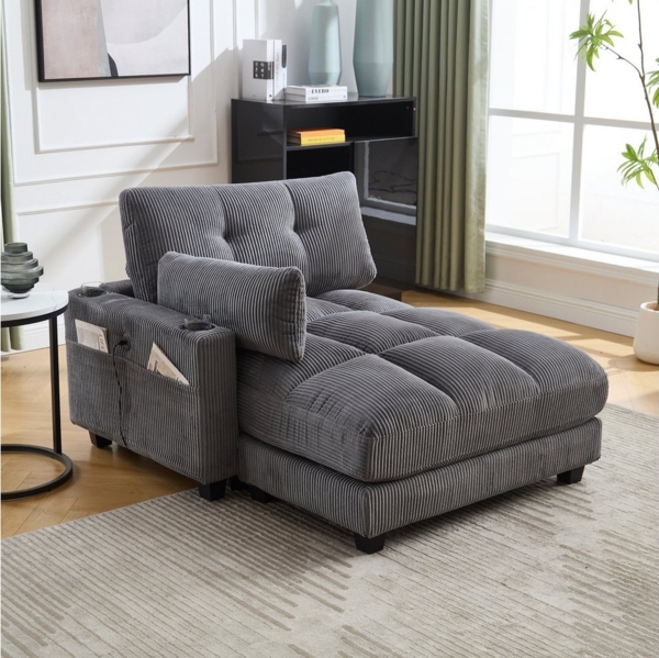 MODFU Schlafsofa Modernes Schlafsofa,Schlafsofa,mit weiche Kissen, Modernes Samt-Lounge-Sessel mit USB-Ladeanschluss, 3 Becherhaltern, seitlichen Taschen und klappbarem Kopfpolster, vielseitig für Wohnzimmer und Schlafzimmer, ideal für Komfort und Erho...