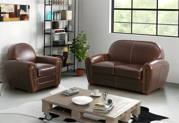 Vente-unique - BAUDOIN Sofa and armchair set Leder Braun - B 84 cm x H 85 cm x L 90 cm150 cm