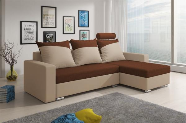 Ecksofa Sofa NORA mit Schlaffunktion Beige / Braun Ottomane Rechts