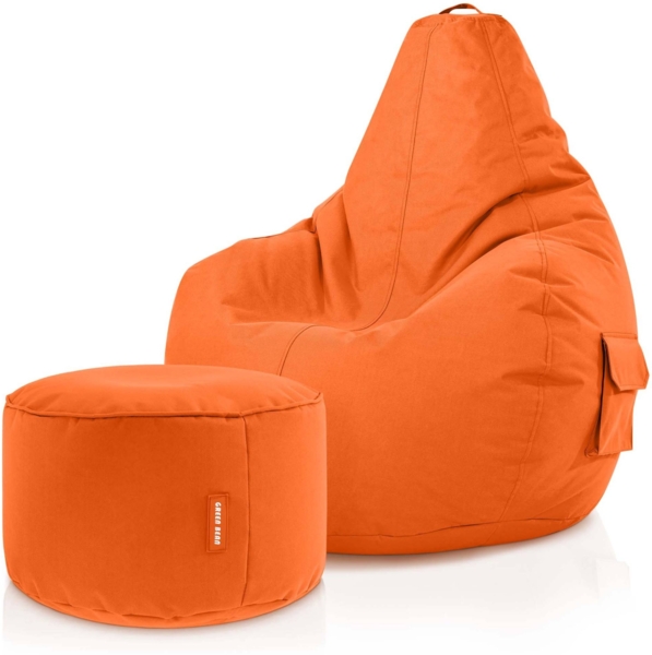 Green Bean® Sitzsack + Hocker, 2er Set, robust, waschbar, schmutzabweisend, Orange, 90 x 80 x 70 cm