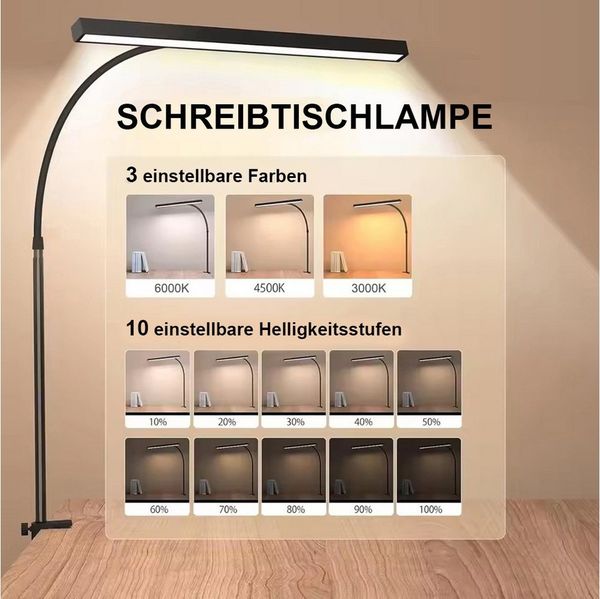 Jibenhome LED Schreibtischlampe Tischlampen 360° Schwanenhals,USB Dimmbar Klemmtischleuchte, USB, LED fest integriert, 3 Farben,40cm Breit für Arbeit,Lesen & Handwerk