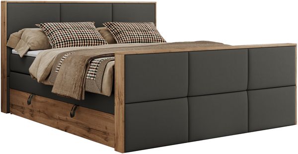 Doppelbett, Boxspringbett mit zwei Multipocket-Matratzen und ein Topper, Bettkästen, Eiche Wotan Holzrahmen, genähtes Kopfteil und Front - ALBERO 2 KING DUO - 180 x 200 cm - Dunkelgrau Kunstleder - H3 Bild 4