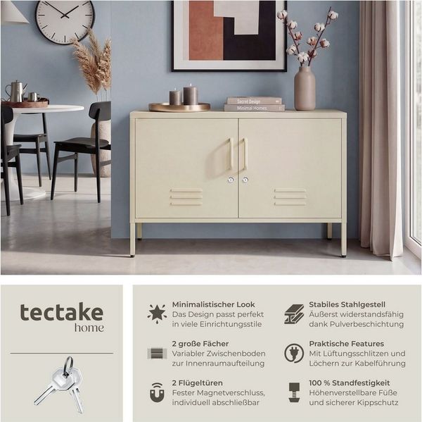 tectake Lowboard Sideboard, Kippschutz, höhenverstellbare Füße, 100 x 42,5 x 65 cm (Kommode Baker, in creme), 3 Türen mit Magnetverschluss, Zwischenboden verstellbar, Kabelführung