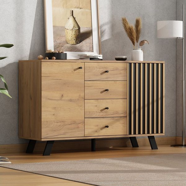 Merax Sideboard Sideboard mit Massivholzbeinen und Holzoptik (Buffetschrank, 1 St, 120*38*75 cm), Kommode mit 4 Schubladen & 2 Schränken, Anrichte mit hohlem Design