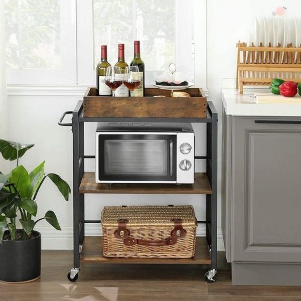 Vasagle Servierwagen mit abnehmbarem Tablett, feststellbarer Küchenwagen mit Universalrollen, Küchenregal, 65 x 40 x 86 cm, stabiles Metallgestell, Industrie-Design, Vintage, dunkelbraun von Songmics LRC72X