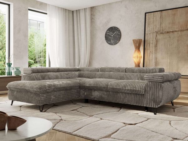 MKS Möbel 'Pablo L-Form' Ecksofa mit Schlaffunktion, verstellbare Kopfstützen, Grau, Cordstoff, T25 Topper, Links