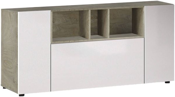 Dmora Crisantemo Sideboard, Wohnzimmer-Sideboard, Wohnzimmer-Buffet mit Fächern, TV-Ständer, moderner Kleiderschrank mit 3 Türen, 150 x 41 x 76 cm, Weiß und Eiche