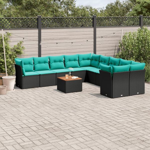 vidaXL 11-tlg. Garten-Sofagarnitur mit Kissen Schwarz Poly Rattan 3256183
