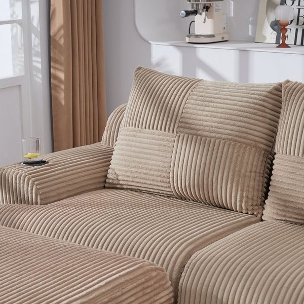 MODFU Sofa Cord Loungesofa für 2 Personen, modular kombinierbar, mit Hockern, Getränkehalter und seitlicher Aufbewahrungstasche