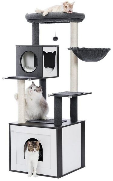 Purpurra Kratzbaum Moderner Katzenbaum Holz mit Aufbewahrungsschrank, Braun und Schwarz, Gesamtabmessungen: 144 cm x 53 cm x 50 cm