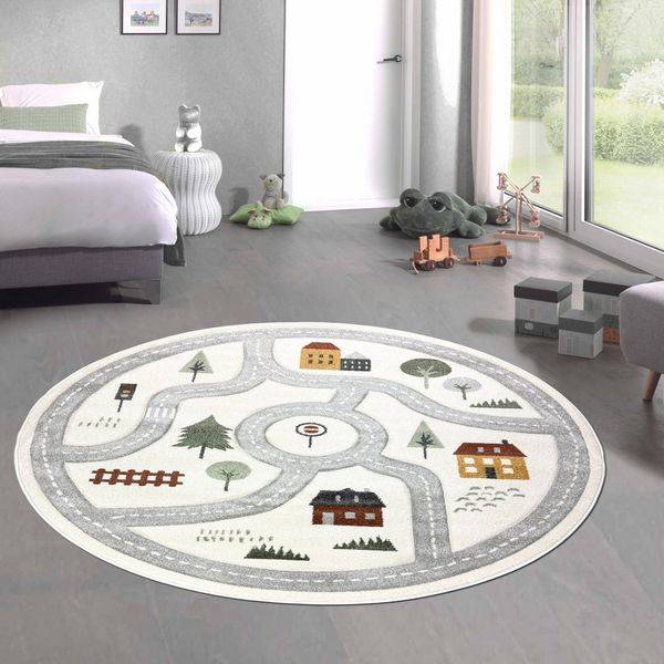Carpetia Kinderteppich Runder Spielteppich mit Straßenmotiv Weich für Spielbereiche in creme, rund