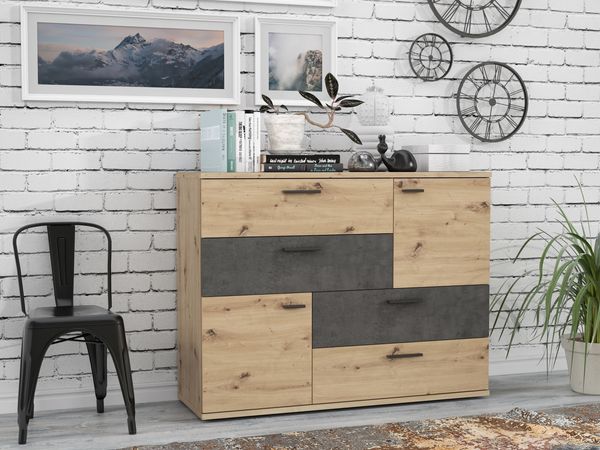 Sideboard >Skive< 4 Schubladen, 2 Türen, in Betonoptik / Artisan Eiche Dekor - 124,9x95,9x41,3cm B/H/T