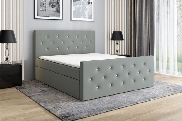 A&J MöbelLand GmbH Boxspringbett REINN mit Kristallknöpfen verziert. (Boxspringbett mit Bettkasten und gepolstertem Kopfteil. Inclusive Topper !, TOP ANGEBOT), Länge 216 cm Höhe 106 cm