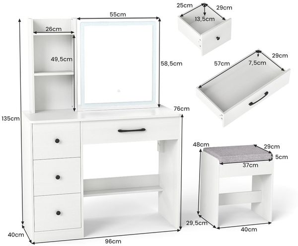 Schminktisch mit LED Schiebespiegel & Hocker & Schubladen & Steckdosen Kosmetiktisch Weiß