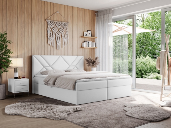 Boxspringbett, Polsterbett mit Multipocket-Matratzen und Topper, dekorativem Kopfteil, zwei Bettkästen - NEOMI - 180 x 200 cm - Weiß Kunstleder - H3