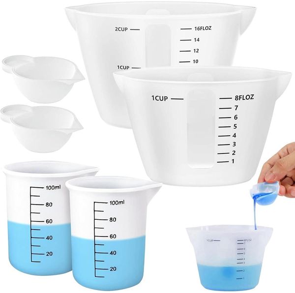 6er Set Silikon Messbecher 500ml 250ml 100ml 10ml klar Skalen DIY Basteln Küche