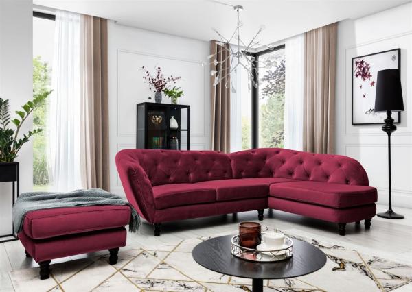 Ecksofa inkl. Hocker CHARLOTTE in Stoff Matt Velvet Bordeaux Ottomane Rechts