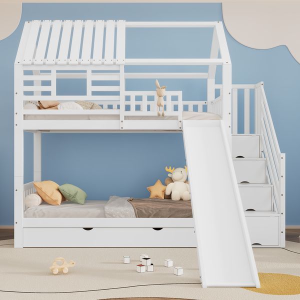 Bett 90x200 cm Etagenbett mit Treppe und Rutsche – Hausbett mit Stauraum