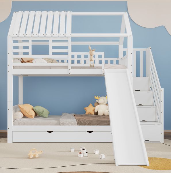 Bett 90x200 cm Etagenbett mit Treppe und Rutsche – Hausbett mit Stauraum