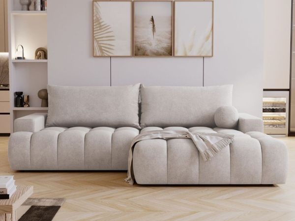 GRAINGOLD Ecksofa Havi, Sofa L-Form mit Bettkasten, gesteppte Sitzfläche, Schlaffunktion, Velour-Stoff, Hellgrau, Rechts