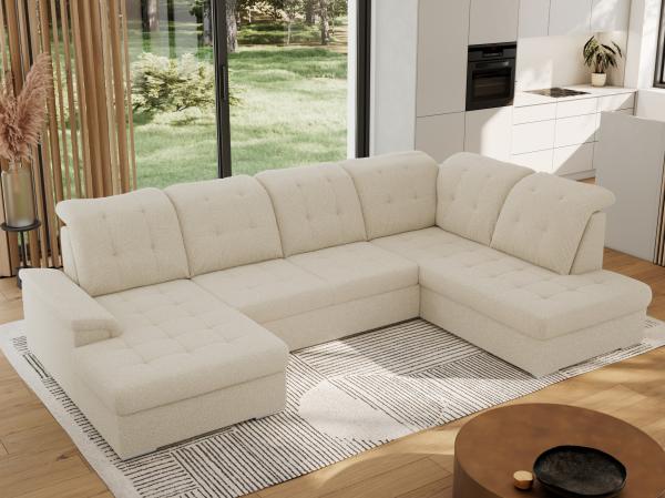 Ecksofa, Wohnzimmer U Couch, Polstersofa mit Bettkasten - MADRITO U - Beige Boucle - Rechts