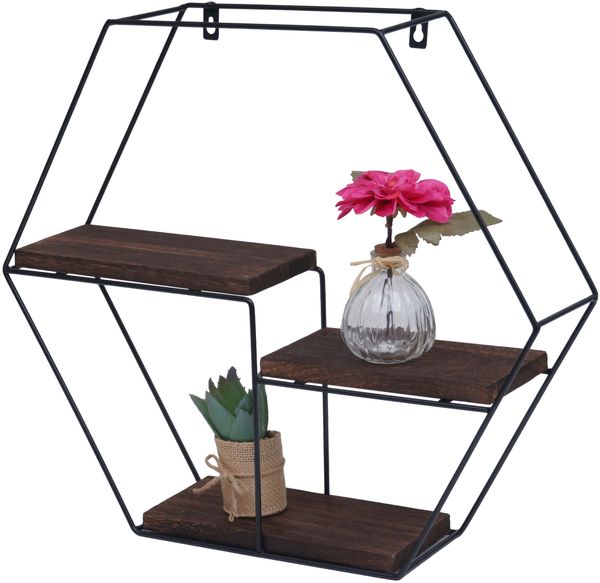 Wandregal HWC-K76, Hängeregal Schweberegal Regal, 3 Regalböden Metall Massiv-Holz Industrial 43x49x11cm ~ dunkelbraun