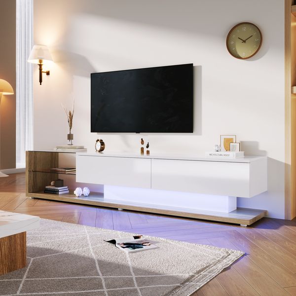 TV-Schrank 170 x 38 x 36 cm aus Spanplatte in Weiß Hochglanz mit LED, Schubladen & Glasböden