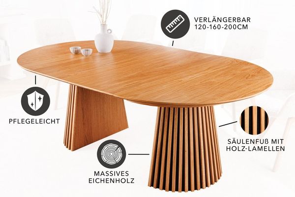 riess-ambiente Esstisch VALHALLA WOOD 120-160-200cm natur · Küchentisch aus Eichen-Massivholz (Einzelartikel, 1-St), mit stabilem Säulenfuß & Einlegeplatten · rund oder oval · 8 Personen Bild 3