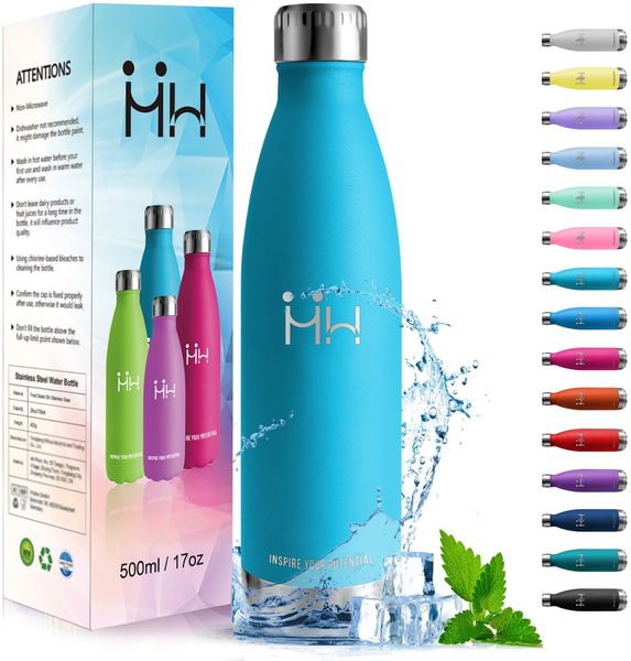 HoneyHolly Trinkflasche Edelstahl, Trinkflaschen Kinder, 500ML BPA-frei, Thermosflasche, Wasserflasche Doppelwandig, Trinkflasche Kohlensäure Geeignet, Water Bottle für Fitness, Gym, Fahrrad