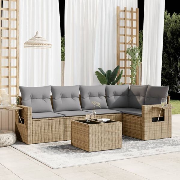 vidaXL 6-tlg. Garten-Sofagarnitur mit Kissen Beige Poly Rattan 3252476