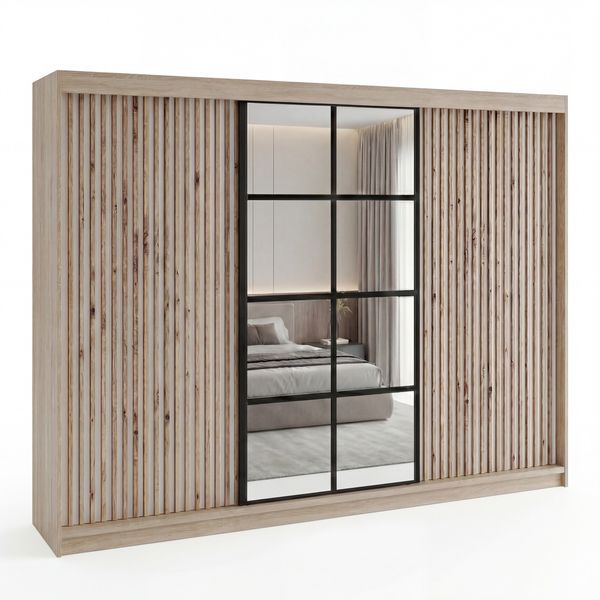 Schwebetürenschrank NORIVO 3-türig Schrank 200 cm (mit Spiegel) Farbe: Sonoma,Weiß,Schwarz,Weiß Bild 2