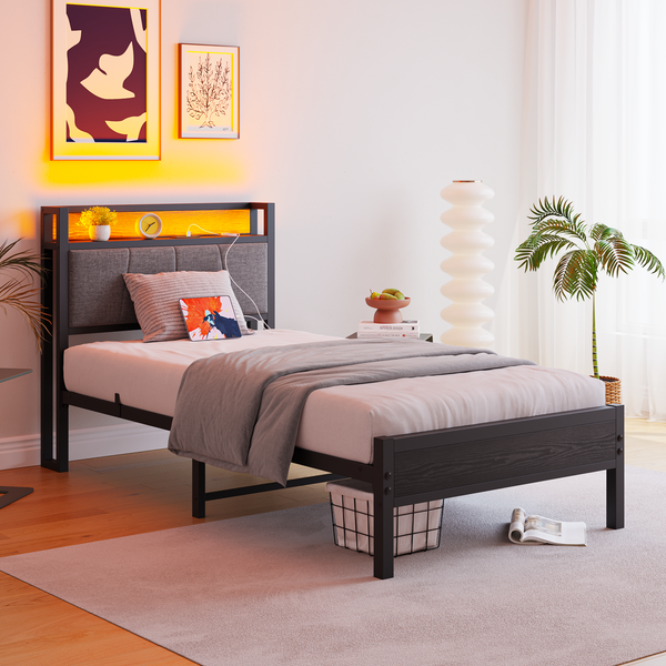 Flieks Einzelbett 90 x 200cm, Metallbett mit LED-Lichtern, USB-Ladestation & gepolsterter Kopfteil, Schwarz