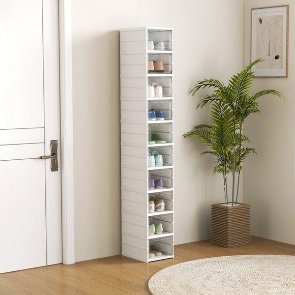 HOMCOM Schuhbox Schuhkarton durchsichtiger Kunststoff (Platzsparend Schuhaufbewahrung, 10 St, Stapelbare und Faltbar Schuh-Organizer), faltbar, transparent, 8-stufig