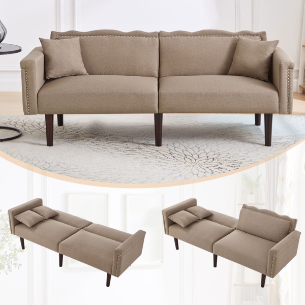 Merax Schlafsofa 2-in-1 Multifunktions-Sofabett, Zweisitzer-Sofa, Sofa mit Liegefunktion, unabhängig verstellbare Doppelrückenlehnen, Metallverzierungen, Baumwoll-Leinen-Stoff, braun