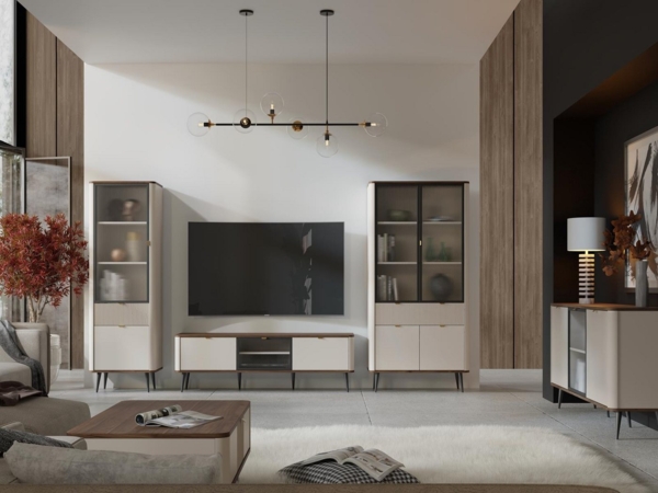 Compleo TV-Schrank mit Glastüren LILIA, Japandi design, dreitürig, Fernsehmöbel Bild 2