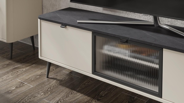 Compleo TV-Schrank mit Glastüren LILIA, Japandi design, dreitürig, Fernsehmöbel Bild 3