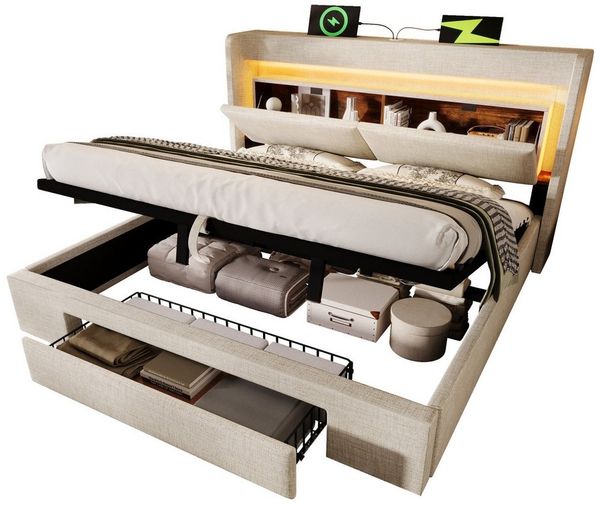Ulife Polsterbett mit hydraulischem Stauraum und Kopfteil-Aufbewahrungsfach (1-tlg, Ohne Matratze), Jugendbett Doppelbett mit LED-Beleuchtung, 180x200cm