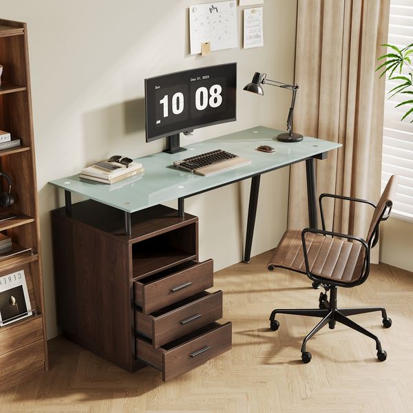 Flieks Schreibtisch 130×50×75 cm, Bürotisch mit gehärteter Glasplatte, 3 Schubladen & offenem Ablagefach, Metallgestell, modern, Braun