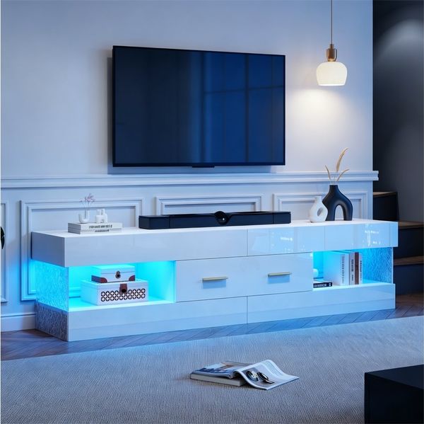 BlingBin TV-Schrank LED-Lowboard mit Offenen Stauraum, Fernsehtisch-152x35x40 cm (1er Set, 1-St, Produktbelastbarkeit: 30 kg, Für Fernseher bis 75 Zoll) Fernsehschrank mit Acrylglasplatte für Wohnzimmer, Weiß