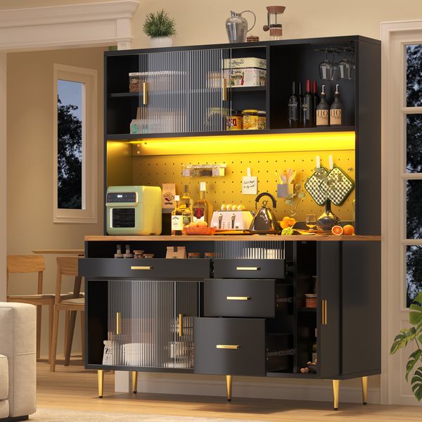 Merax 171cm Hochschränke fürs Wohnzimmer, Küchenschrank, Esszimmerschrank, Schränke mit LED-Beleuchtung, Hoher Schrank mit Lochwandregalen, schwarz
