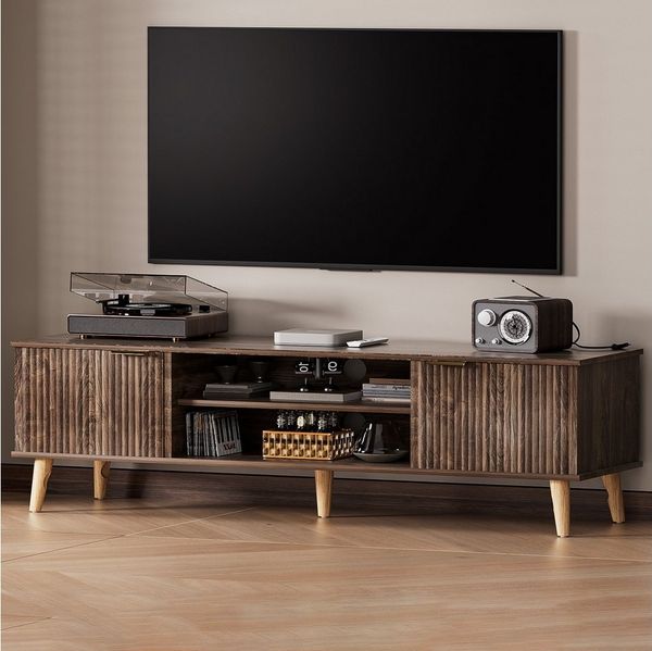 Yorbay Lowboard TV Schrank stehend, für Fernsehen bis zu 65 Zoll, 147cm Breit, Vintage TV Möbel mit 2 Türen, Holz Beine&Goldene Griffer,Vintage Braun