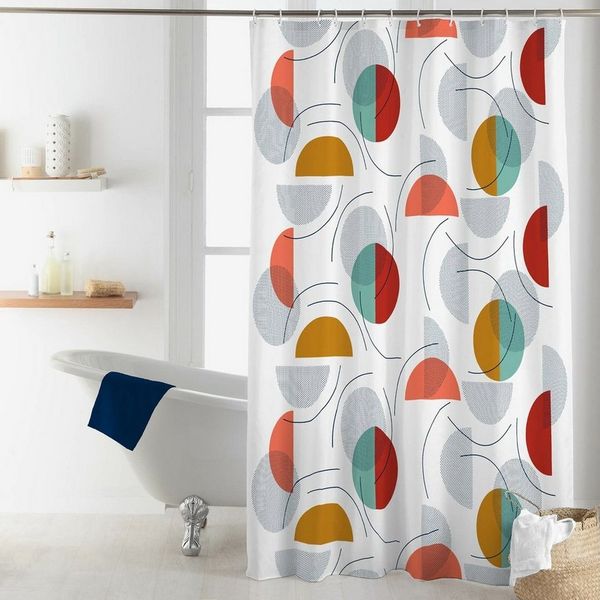Sanixa Duschvorhang weiß grau braun Textil 180x200 cm Retro Kreise bunt weiß waschbar Breite 180 cm, bunt waschbar wasserabweisend Vorhang Dusche