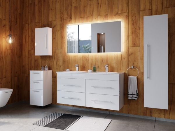 Badmöbelset Helios 5-teilig LED Spiegel Hoch- Seiten- Midischrank weiss hgl : Weiss hochglanz