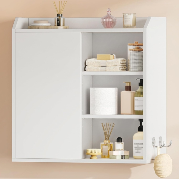 Hängeschrank, Wandschrank mit verstellbaren Ablagen, mit Schiebetüren und offenen Regalen, Wandmontierter Badezimmerschrank, 30 x 60 x 60 cm, weiß