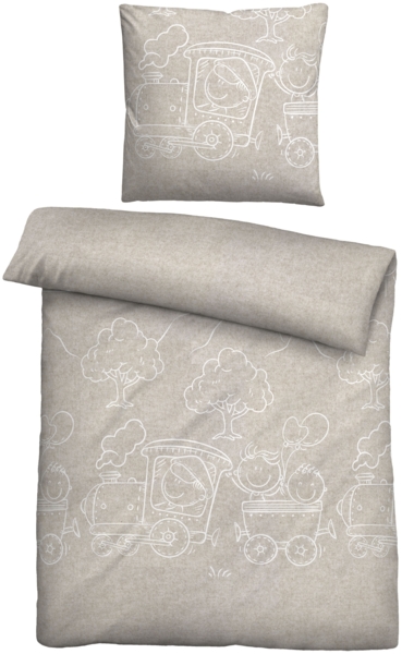biberna Melange-Flanell Bettwäsche 0840521 LOKOMOTIVE, kitt, 1x 135x200 cm + 1x 80x80 cm
