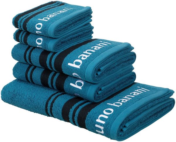 Bruno Banani Handtuch Set Daniel, 1 Duschtuch 70x140, 2 Handtücher 50x100, 2 Gästetücher 30x50, Walkfrottee (Set, 5-St), Streifen-Bordüre & Markenlogo, 100% Baumwolle